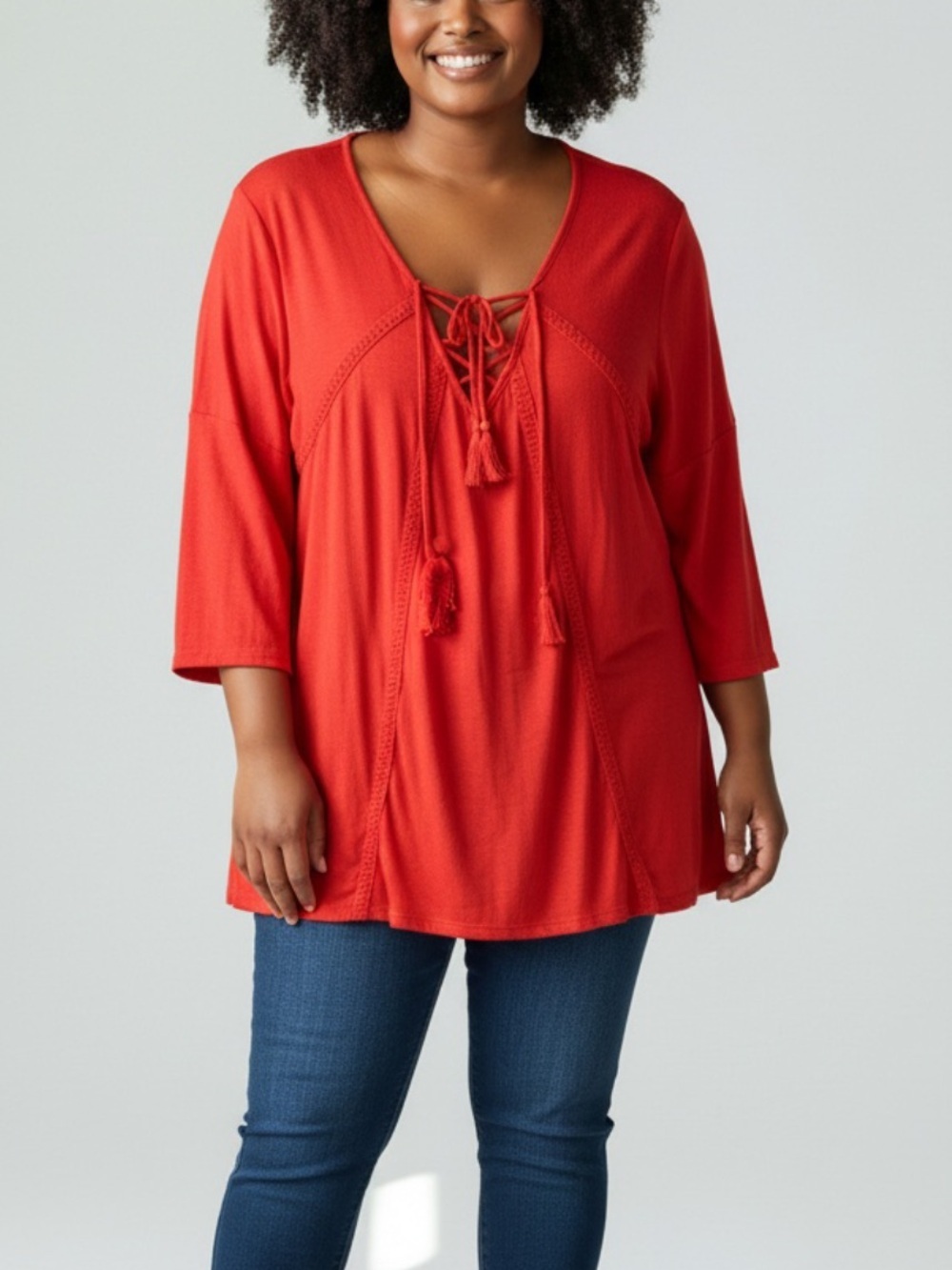 John Paul Richard Woman Red Lace Up Tassel Tunic Top 1X